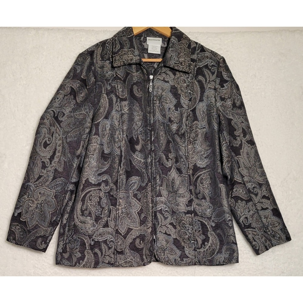 Vintage BONWORTH Jacket Medium Blue Gray Paisley Floral Zip Womens‎ 0348